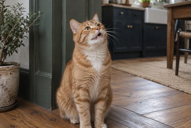 A charming ginger cat sitting upright beside a dark sage kitchen doorway, looking upward at an unseen person and giving a small natural meow, mouth just slightly open.