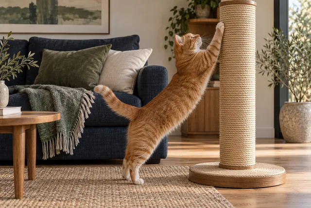 A full-body ginger cat stretching tall with front paws on a sturdy large sisal scratching post next to a navy linen sofa.