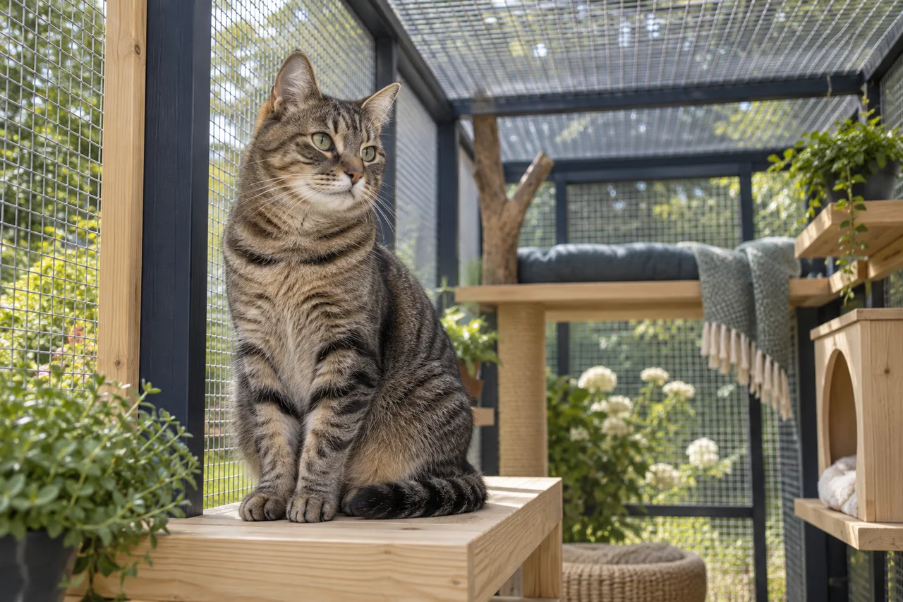 A contented tabby sitting on a sturdy pale wood perch inside a fully enclosed outdoor catio with secure fine metal mesh visible on all sides and overhead, soft green garden beyond, comfortable shaded space.