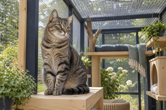 A contented tabby sitting on a sturdy pale wood perch inside a fully enclosed outdoor catio with secure fine metal mesh visible on all sides and overhead, soft green garden beyond, comfortable shaded space.